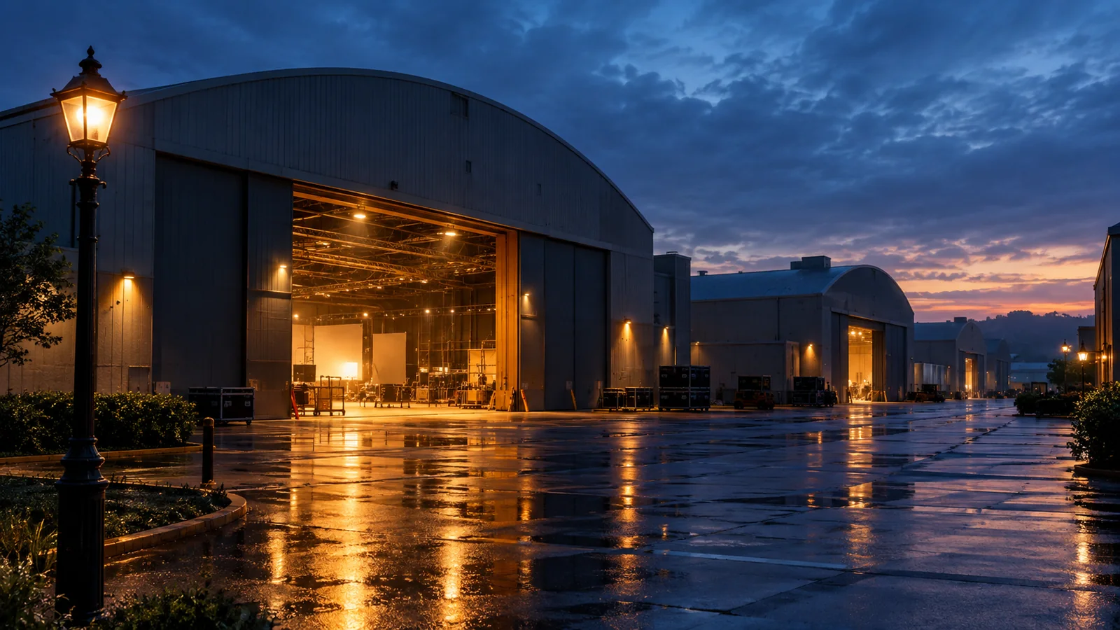Film studio soundstage buildings glowing at dusk
