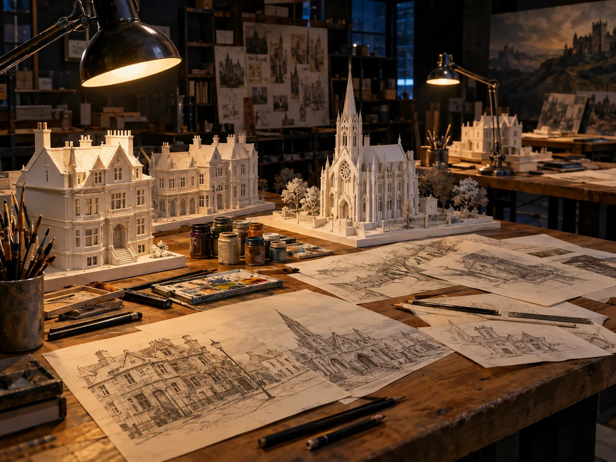Art department table with pencil sketches and white card models of old buildings
