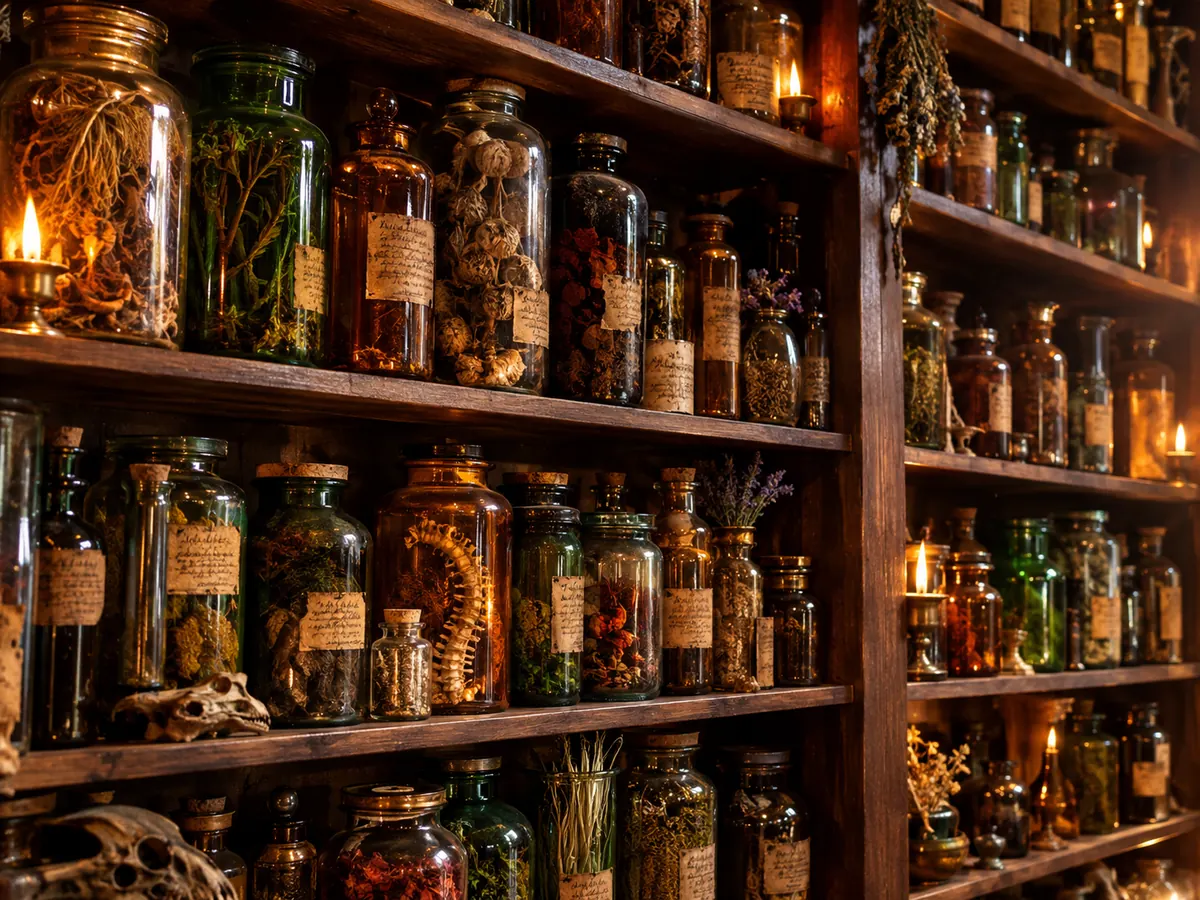 Shelves of old glass apothecary jars filled with dried herbs in candlelight