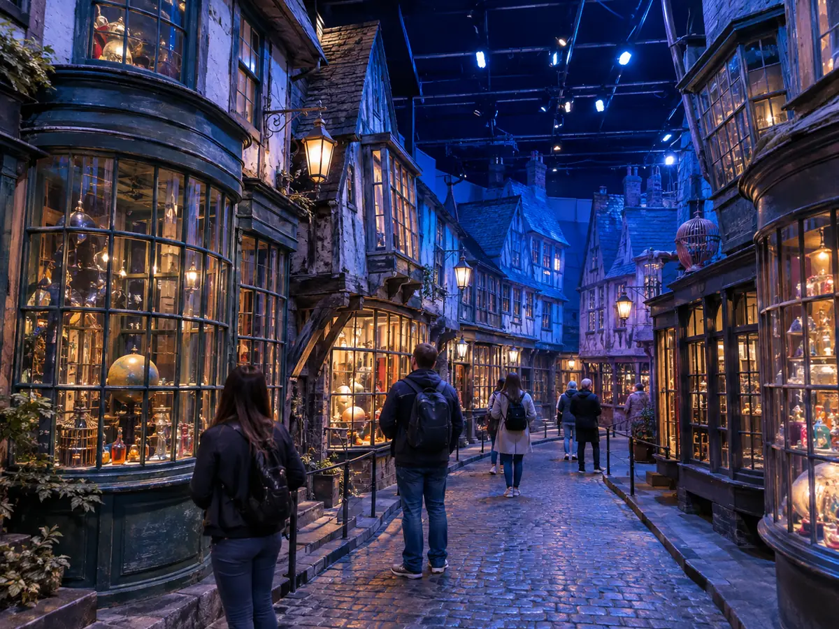 Crooked cobbled Victorian shopping street film set with leaning shopfronts