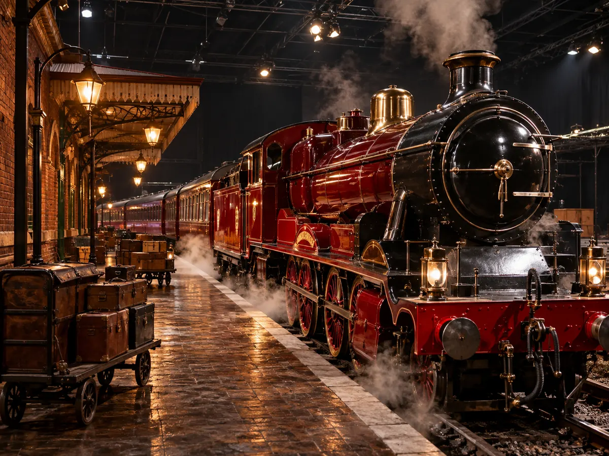 Deep red vintage steam locomotive at a brick platform inside a film studio