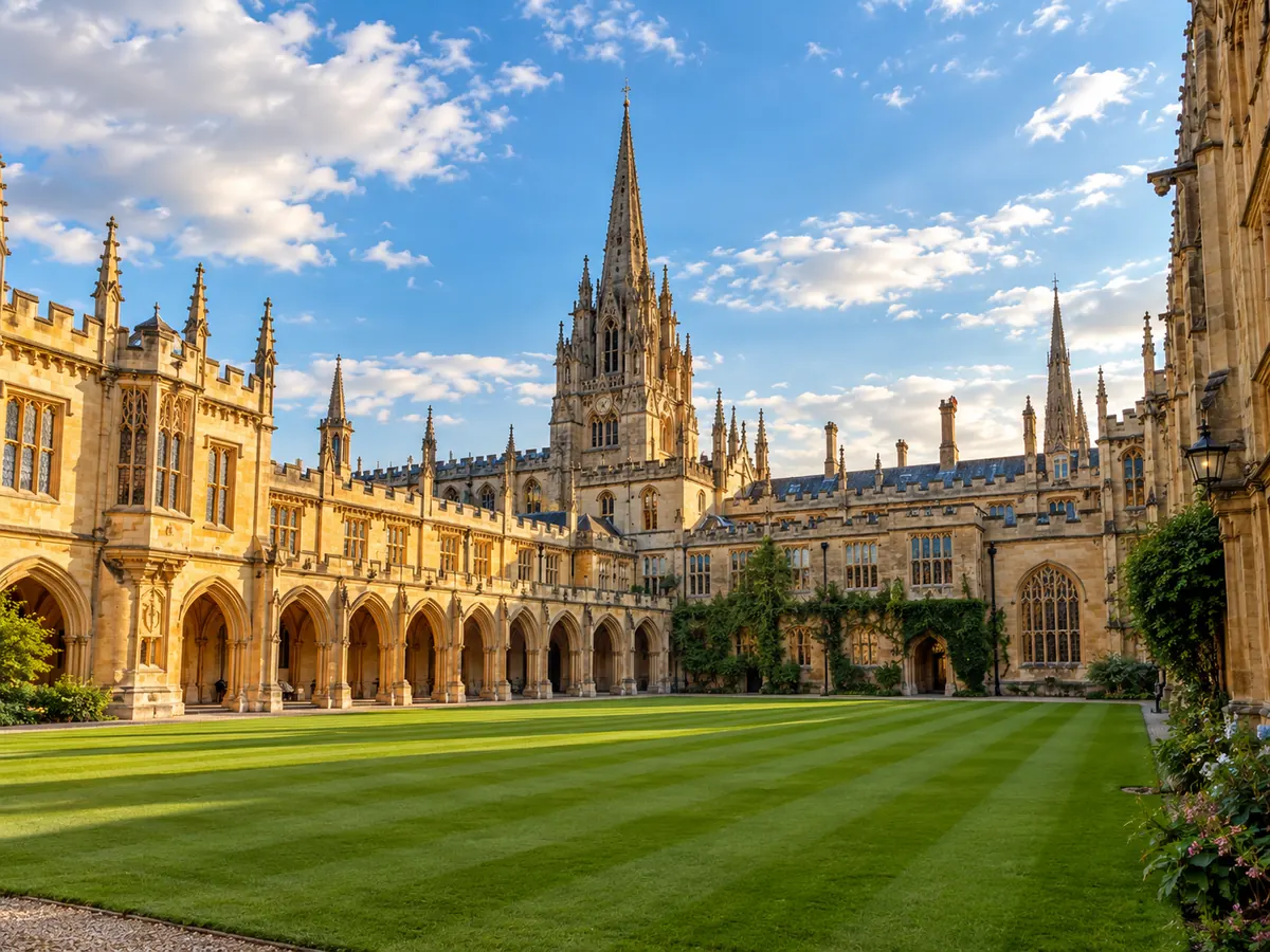 Honey-coloured stone college quadrangle in an English university city