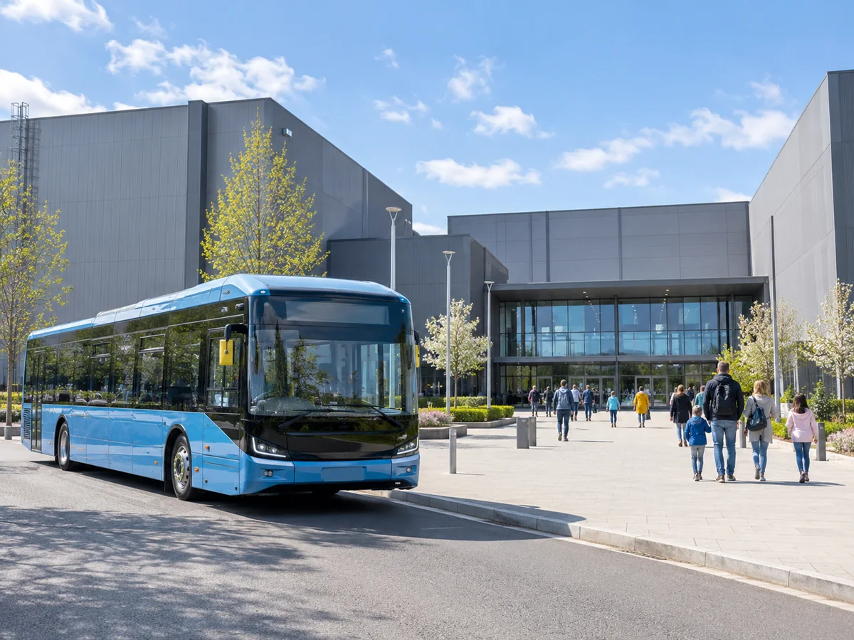 Electric bus parked outside a large modern film studio building