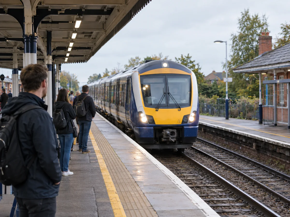 Commuter train arriving at a suburban English station platform