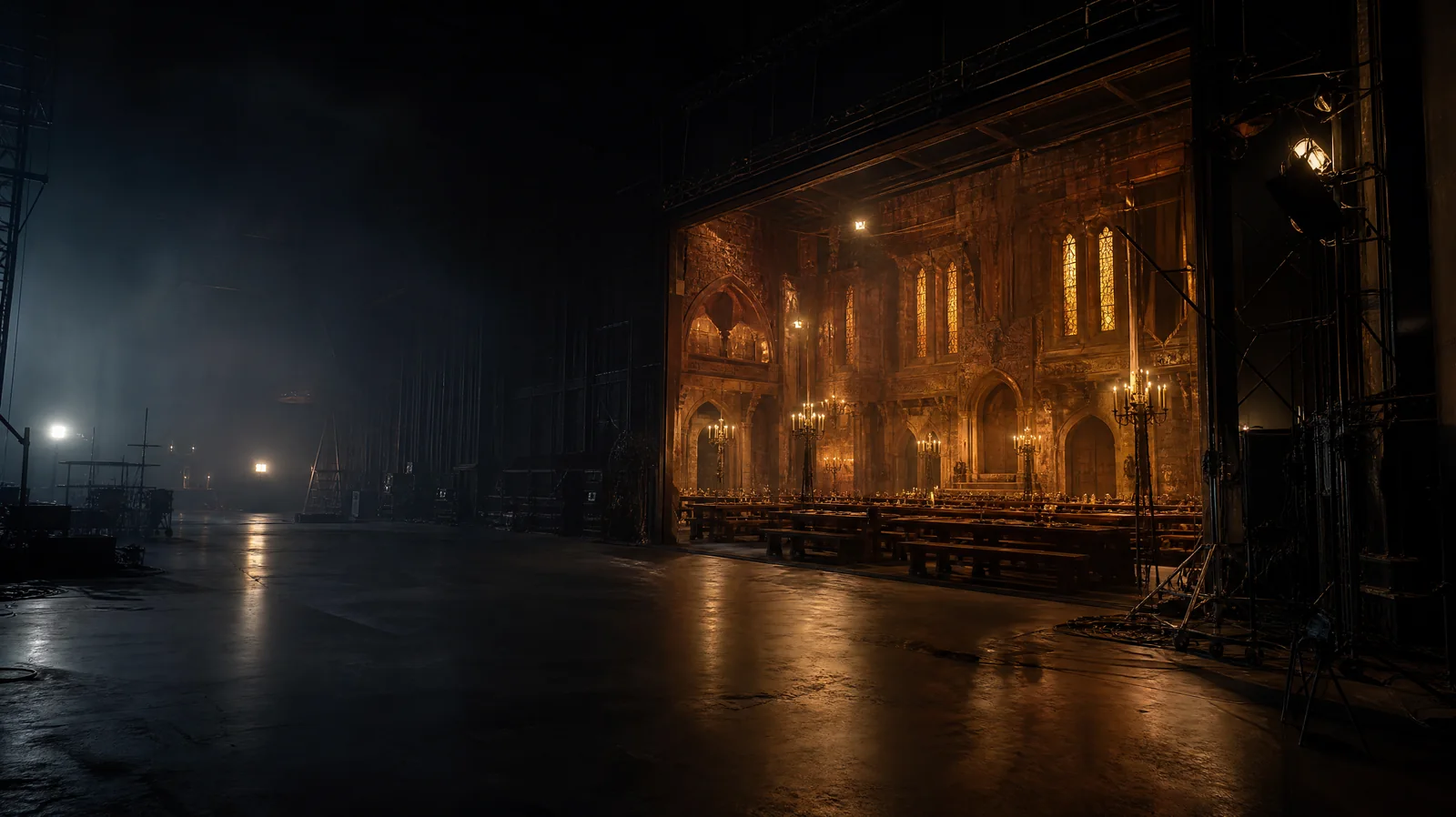 A candlelit banquet hall film set glowing inside a dark studio soundstage